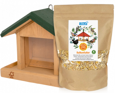 Set aus Holz-Futterhaus und ein Paket energiereiches Balkonfutter 1kg)